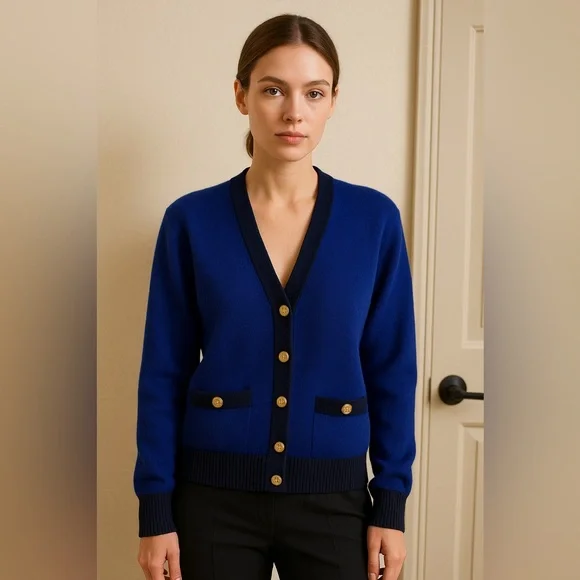 Vintage Chanel Navy Blue Women's Cardigan Sweater 100% Cashmere size 1 - Picture 1 of 11